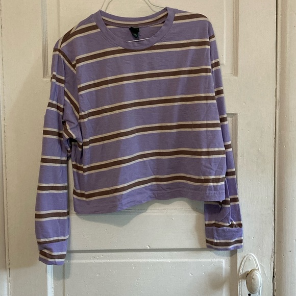 Lavender Striped Crop Top // Lilac Purple Stripes Long Sleeve Shirt - Picture 2 of 3